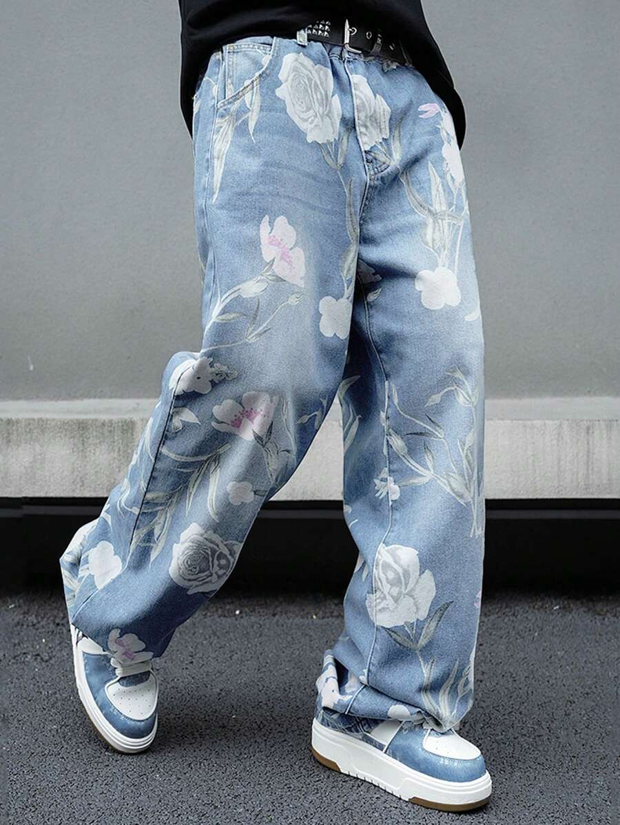 Manfinity Hypemode Men's Casual Floral Print Straight-Leg Jeans - Multicolor - View 1