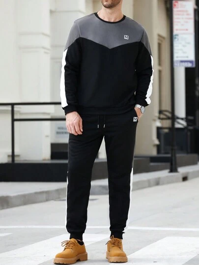 Manfinity Homme 男士撞色拼接卫衣和运动裤套装，休闲秋季装扮