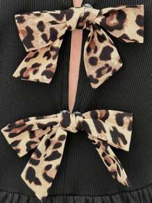 Tween 女童休闲豹纹蝴蝶结后背泡泡袖收腰针织长裙，黑色，秋冬