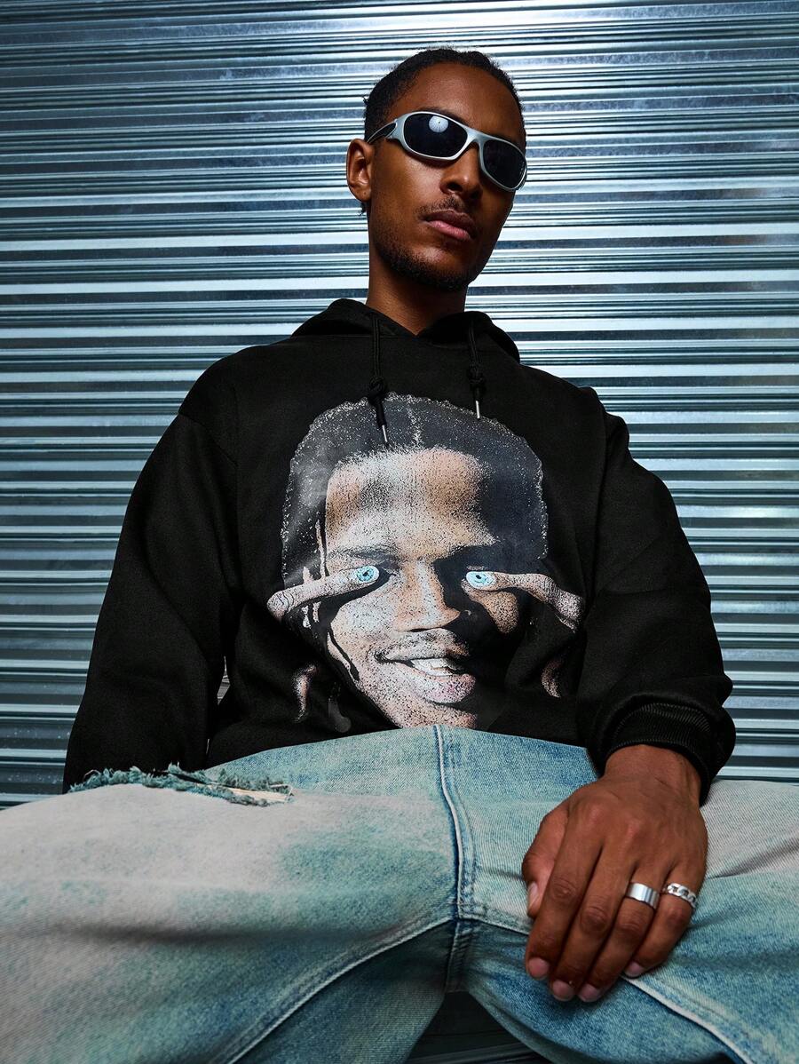 Manfinity Dauomo Men's Simple Figure Print Long Sleeve Hoodie Sweatshirt - Black - View 1