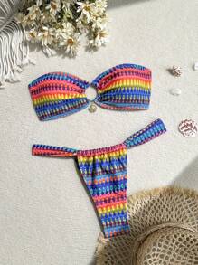 SHEIN Swim Ensemble de brassière bandeau et bikini en tricot rayé avec faux perles pour femmes, parfait pour l'été