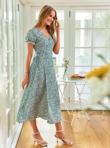 SHEIN VCAY Spring Ditsy Floral Print Knot Side Wrap Long Dress - Green - View 4