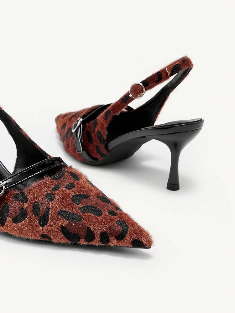 CUCCOO CHICEST Elegant Leopard Pattern Mink Hair Strap Hollow-Out Pumps, Suitable For Office Commute, Formal Occasions Valentine's Day