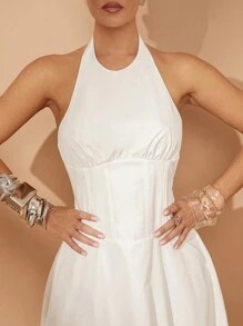 Lumalex Summer Vacation Bohemian BOHO Sea Beach Hot Outdoor Richly Layered Wedding Season Banquet Coming Of Age Ceremony Beach Seaside Spring Holiday Party Banquet Wedding Elegant High-End Waist Cinching Backless Halter Long Dress For Women - White - View 7