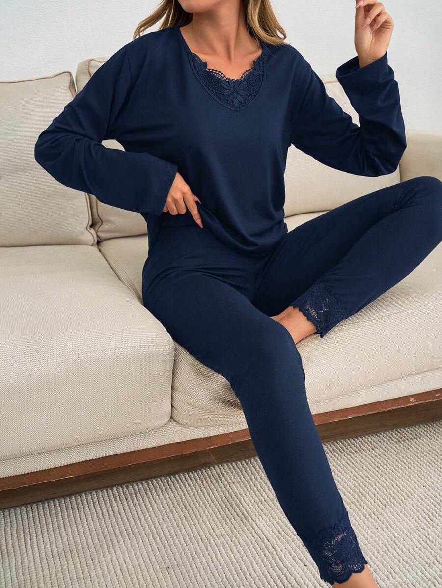 SHEIN Cottnline 2pcs Cotton V Neck Lace Detail Homewear Set - Navy Blue - View 1