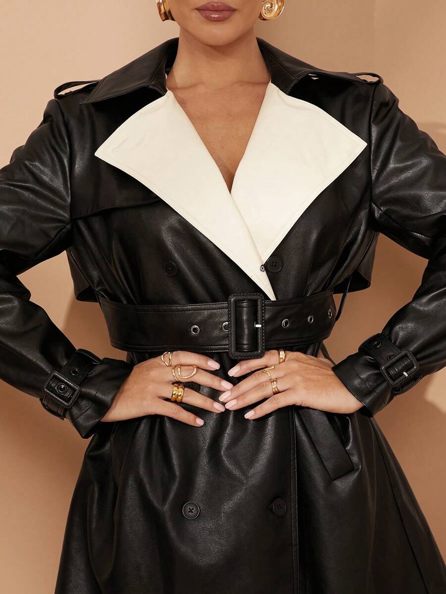 Lumalex Summer Vacation Bohemian BOHO Sea Beach Hot Outdoor Richly Layered Wedding Season Banquet Coming Of Age Ceremony Beach Seaside Spring Holiday Party Banquet Wedding Women Faux Leather Contrast Collar Umbrella Hem Mid-Length Trench Coat - Black - View 1