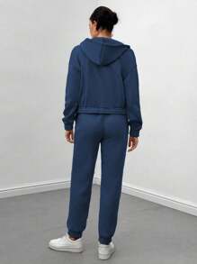 Chiquease 2pcs Women Casual Solid Color Hoodie & Sweatpants Set, Autumn/Winter - Royal Blue - View 2