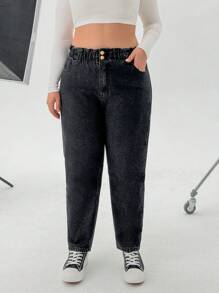 RueChic Plus High Waist Elastic Belt Mom Jean - Black - View 5