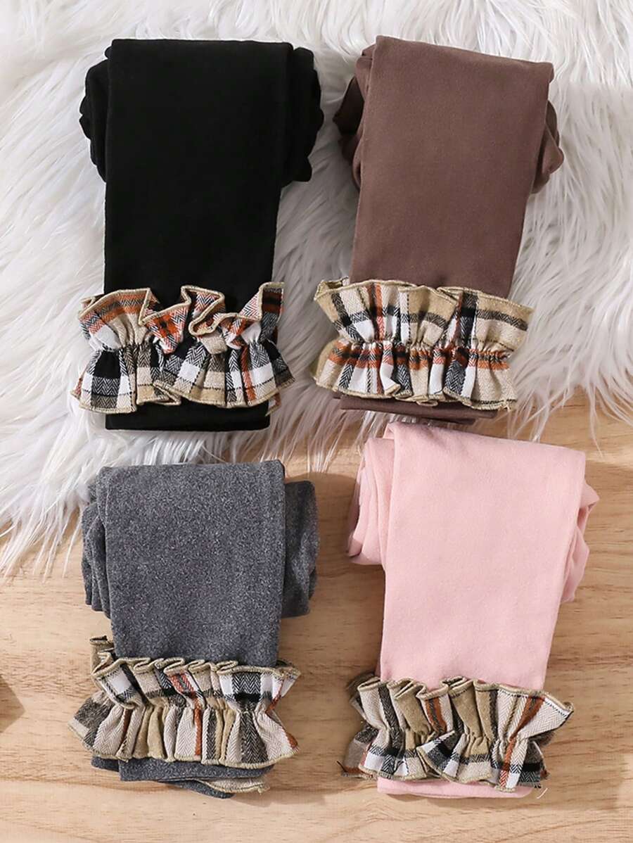 SHEIN 4pcs Set Young Girl Solid Knitted Plaid Patchwork Casual Leggings