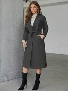 EURMUSE Women's Casual Solid Color Lapel Neck Long Sleeve Long Jacket For Winter - Dark Grey - View 6