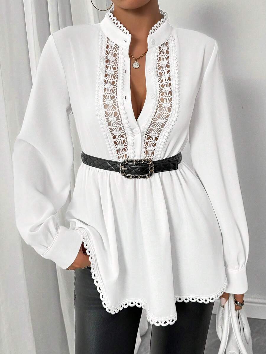 SHEIN Clasi Women's Fashion Regular Shoulder Round Neck White Contrast Lace Waist Long Sleeve Blouse, Autumn/Winter Peplum Top Fall Cloth For Women