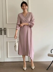 DAZY Retro Elegant Women's Asymmetric Dress,Fall Dress Long Sleeve Dress Maxi Dress - Mauve Purple - View 5