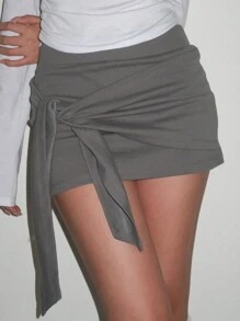 DAZY Women Plain Color Lace-Up 2 In 1 Skirt, Grey, All Season Y2k Fall Skirts - Grey - View 4