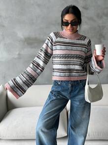 EURMUSE Women's Autumn/Winter Striped Stand Collar Raglan Sleeve Retro Casual Sweater - Multicolor - View 4