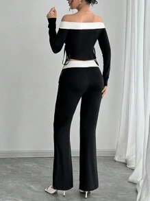 INAWLY 2pcs Women's Color Block Off Shoulder Top And Flare Leg Pants Elegant Casual Suit
