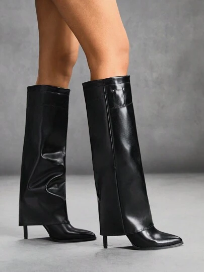 CUCCOO SZL 经典黑色尖头高跟漆皮过膝长靴，适合工作、约会、派对、假期，适合圣诞节和新年假期氛围秋冬