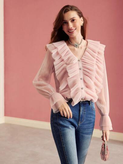 MESH RUFFLE TRIM BUTTON FRONT BLOUSE,VALENTINE'S DAY,SPRING/SUMMER