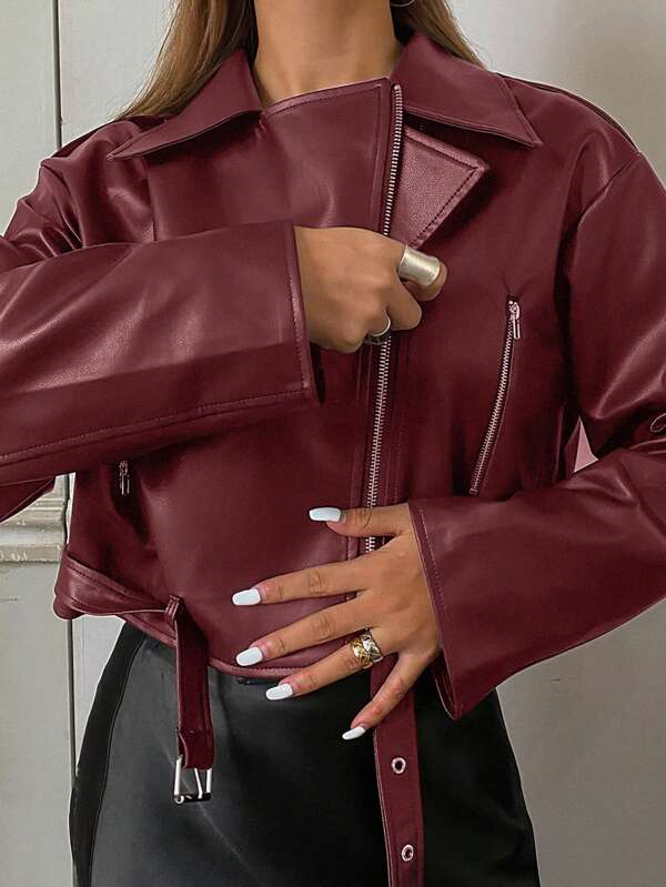 DAZY Women's Loose Fit Faux Leather Motorcycle Jacket, Solid Color,Fall Clothes