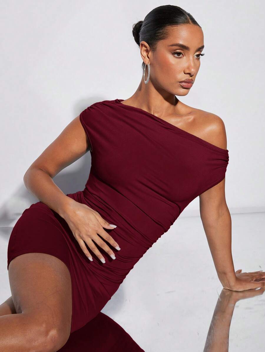 SHEIN BAE Damen elegantes, sexy, einfarbiges Minikleid mit asymmetrischem Ausschnitt und Raffungen