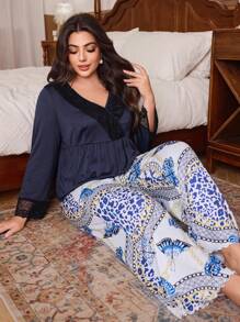 Vintage Print Knitted Lace Patchwork Long Sleeve Plus Size Pajamas Set