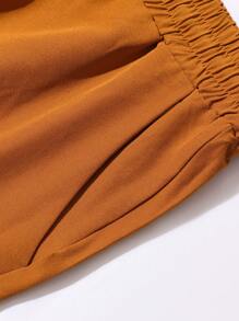 Manfinity Homme 2pcs Men Casual Solid Color Lapel Collar Long Sleeve Shirt And Drawstring Waist Long Pants Set, Spring And Autumn - Brown - View 5