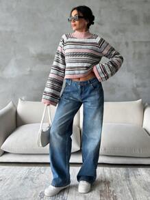 EURMUSE Women's Autumn/Winter Striped Stand Collar Raglan Sleeve Retro Casual Sweater - Multicolor - View 2