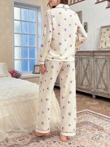 CottageSlumber Bubble Wrinkle Floral Print Lapel Top With Pockets & Long Pants Pajama Set Holiday Season, Bountiful Floral Splendor, Fall Winter Clothes Cozy And Elegant Details - Purple - View 2