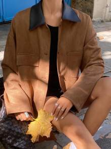 DAZY Color Block Loose Long Sleeve Collar Pocket Faux Suede Women's Regular Jacket