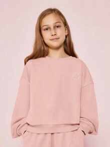 SUMWON Conjunto de 2 piezas para niñas preadolescentes con sudadera de ajuste regular con estampado gráfico de flores y pantalón de chándal