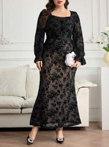 Mulvari Plus Size Square Neck Long Sleeve Slim Fit Casual Long Dress - Black - View 6