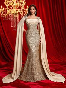 Glamrae Elegant & Luxury Champagne Sequin Patchwork Satin Wrap Collar Pleated Draped Batwing Mermaid Hem Floor-Length Formal Gown, Suitable For Various Occasions, Wedding Guest Dress