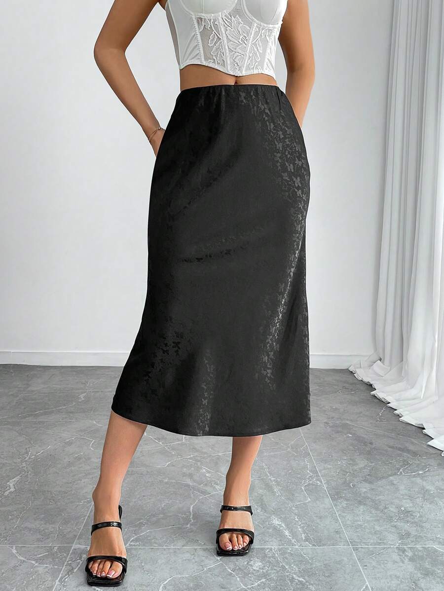 Chiquease Satin Jacquard A-Line Skirt, Casual And Fashionable For Everyday Wear - Black - View 1