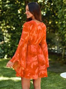 KARISMINA Women's Elegant Summer Beach Women Outfits Holiday Flower Print Bell Sleeve Tie Waist  Dress,Vacation Outfits For Women - Orange - View 2