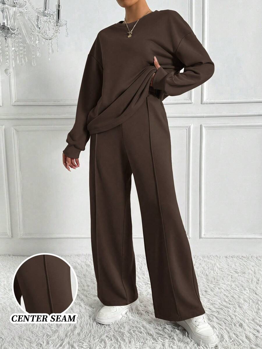 EMERY ROSE Women Autumn Solid Color Round Neck Drop Shoulder Long Sleeve Top And Wide Leg Pants 2 Pieces Loose Casual Set - Coffee Brown - View 1