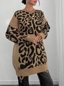 EURMUSE Women Round Neck Leopard Animal Print Drop Shoulder Loose Fit Sweater Pullover - Multicolor - View 5