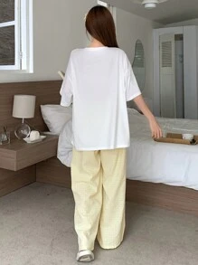 DAZY 可爱卡通动物印花上衣和格子宽松睡裤睡衣套装，返校服 - 白色 - 查看 2