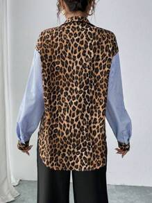 Chiquease Camisa casual con bloques de color de estampado de leopardo y rayas de otoño