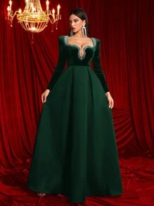 Glamrae 优雅天鹅绒和缎子拼布长袖奢华水钻装饰 A 字晚礼服、婚礼宾客礼服 - 墨綠色 - 查看 7