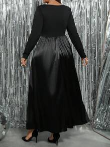 SHEIN Clasi 1 件大码女式编织纯色拼布长袖黑色针织连衣裙，优雅的圣诞节秋冬长款女装 - 黑色 - 查看 2