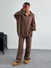 SHEIN Unity 2 pièces Femme Ensemble de pull ample à zip et pantalon de couleur unie, à manches longues, style décontracté. Polyvalent - Tabac - Voir 1
