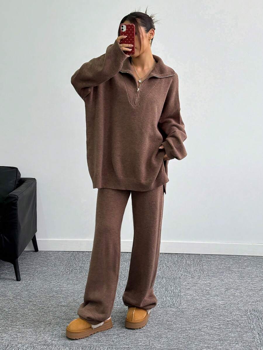 SHEIN Unity 2 pièces Femme Ensemble de pull ample à zip et pantalon de couleur unie, à manches longues, style décontracté. Polyvalent - Tabac - Voir 1