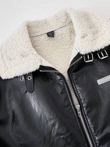 SHEIN EZwear 女士日常街头风拉链翻领 PU 博格夹克，带羊毛保暖 - 黑色 - 查看 7