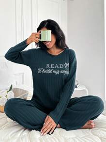 RueChic 100%Cotton Slogan Graphic Ribbed Knit Lounge Set - Teal Blue - View 1