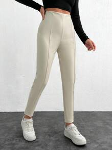 SHEIN Cottnline Mallas de cintura alta de unicolor versátiles y casuales - Albaricoque - Ver 3