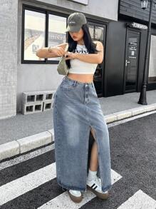 SHEIN ICON Váy denim chữ A xẻ tà thường ngày cỡ lớn - Màu xanh lam - Xem 5