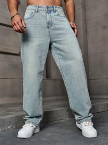 Manfinity Homme Plus Size Men's Simple Front Button Pocket Casual Denim Jeans - Light Wash - View 6