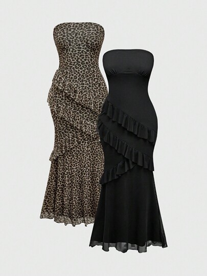 Hippie Damen Vintage Y2K sexy Leoparden Muster Rüschenkleid mit mehreren Teilen Set, für Neujahr