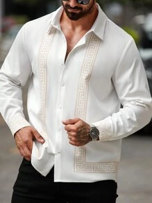 Manfinity LEGND Plus Size Men's Front Button Long Sleeve Printed Casual Shirt - White - View 4