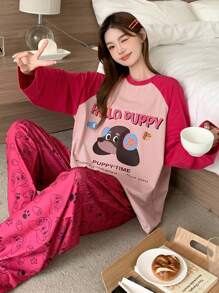 DAZY Cute Cartoon Puppy Print Color Blocking Raglan Sleeve Loose Pajama Set