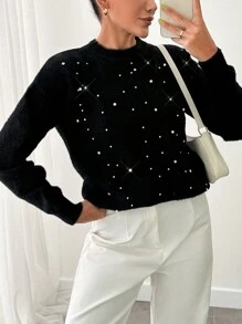 EURMUSE Women Hairy Yarn Solid Color Rhinestone Detailed Round Neck Pullover - Black - View 4